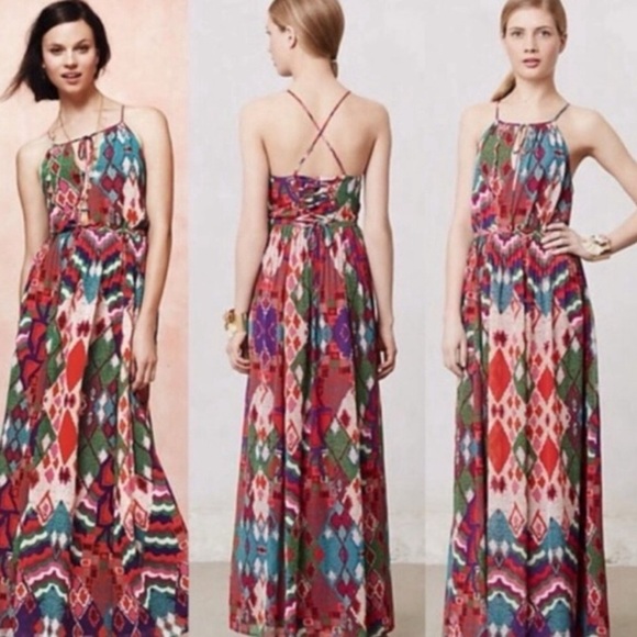 Anthropologie Maeve Tarana Printed Maxi Dress Lace Up SZ 4 - Picture 16 of 16